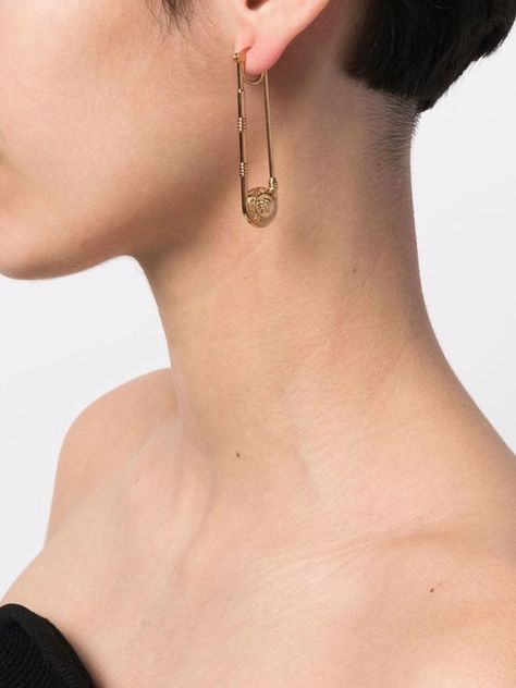 Versace Medusa-plaque Safety-pin Earrings In Gold | ModeSens Safety Pin Earrings, Greek Key Pattern, Medusa Head, Safety Pins, Iconic Style, Earrings In Gold, Greek Key, Safety Pin, Style Icons