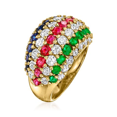 Ross-Simons - C. 1980 Vintage 2.79ct t. w. Multi-Gemstone, 1.93ct t. w. Diamond Striped Ring Size 5. C. 1980. In a sensational show of classic gemstone color, this glistening Estate collection ring features sizzling stripes that sparkle with 2.79 ct. tot. gem wt. round rubies, sapphires and emeralds, as 1.93 ct. t. w. round brilliant-cut diamonds twinkle in between. Finely crafted in polished 18kt yellow gold. 1/2" wide. Diamond and multi-gemstone ring. Exclusive, one-of-a-kind Estate Jewelry. E Mens Silver Jewelry, Emerald Birthstone, Multi Gemstone Ring, Multi Sapphire, Sapphire Jewelry, Gem Stone, Gold Pearl, Round Brilliant Cut Diamond, Silver Heart