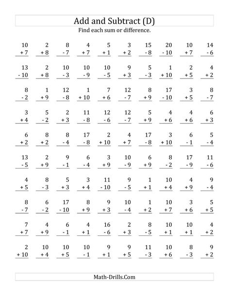 The Adding and Subtracting with Facts From 1 to 10 (D) Math Worksheet Writing Algebraic Expressions, Printable Multiplication Worksheets, Multiplication Facts Worksheets, Math Multiplication Worksheets, Math Fact Worksheets, Math Expressions, Fun Worksheets For Kids, Math Practice Worksheets, Math Drills