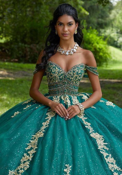 Emerald Quinceanera Dress, Homecoming Court, Aqua And Gold, Gold Quince, Quinceanera Planning, Allure Couture, Emerald Dresses, Puffy Dresses, Quince Dress