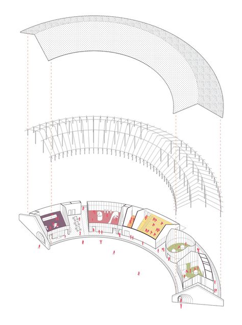 Hub Design Architecture, Creative Hub Design, Cultural Hub Architecture, Creative Hub Architecture, Hub Architecture, Java Architecture, Curve Building, Axonometric Drawing, Architecture School