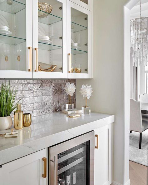 Bar With Glass Cabinets, In Home Bar, Glass Subway Tile Backsplash, Home Bar Ideas, Fossil Creek, Cottage Kitchen Design, Home Bar Design, Metallic Backsplash, Bar Inspiration