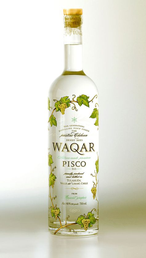 The design of WAQAR was conducted entirely in the studio Visso of Buenos Aires. Our clients are from Santiago, Chile, with the bottles printed in France to be marketed in Chile, as well as the European and American markets." Alcohol Packaging, White Spirit, Alcohol Bottles, Wine Packaging, Wine Pairing, Pisco, Packaging Design Inspiration, The Birds, Wine Drinks