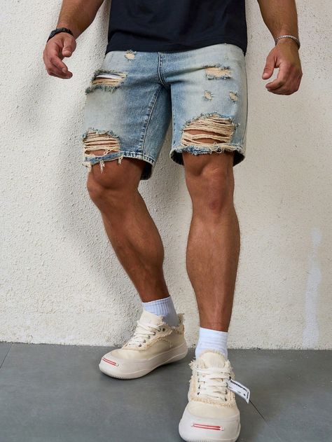 Manfinity Homme Men's Ripped Casual Denim Shorts With Pockets, Low-RiseI discovered amazing products on SHEIN.com, come check them out! Loose Denim Shorts, Casual Denim Shorts, Elegant Dresses Long, Dark Jeans, Casual Streetwear, Casual Denim, Men Clothing, Mens Denim, Shorts With Pockets