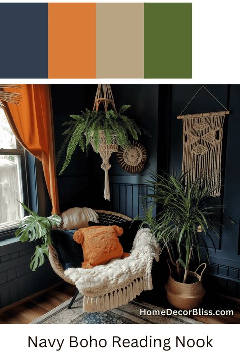 Bohemian Reading Nook: Navy Blue Walls and Orange Accents Navy Blue And Orange Living Room, Hanging Wicker Chair, Navy Room Ideas, Blue And Orange Living Room, Bohemian Home Decor Ideas, Shades Of Wood, Tan Living Room, Cozy Bohemian, Orange Rooms