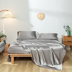 Revdomfly 4 Pcs Queen Size Luxury Silky Soft Gray Satin Sheet Set,1 Premium Moisture Wicking Fitted Sheet Fits Up to 16 Inches Deep Pocket + 1 Flat Sheet + 2 Pillowcases（Gray, Queen） Satin Bed Sheets, Satin Bed, Twin Bedspreads, Queen Bedspread, Satin Bedding, Deep Pocket Sheets, Satin Sheets, Soft Luxury, King Sheets