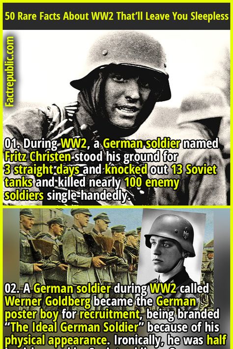 01. During WW2, a German soldier named Fritz Christen stood his ground for 3 straight days and knocked out 13 Soviet tanks and killed nearly 100 enemy soldiers single-handedly. #worldwar2 #ww2 #secondworldwar #battle #history #war Ww1 German Soldier, Ww2 Facts, Museum Ideas, Fact Republic, Random Facts, Education Ideas, Red Army, History Museum, History Facts