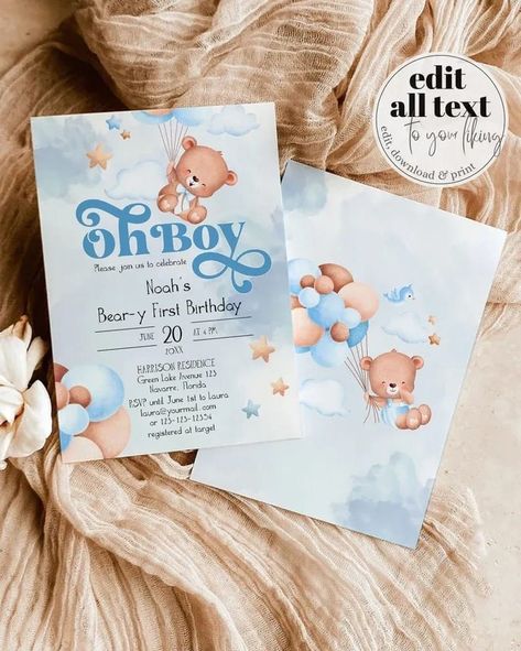 Get ready to celebrate your little boy's beary first birthday with our adorable Boho Bear Invitation Template! This downloadable invite features a charming bear hot air balloon design, perfect for a teddy bear themed party. Easy to edit and print, it's part of our bear birthday bundle, complete with balloons and greenery accents. Make his beary 1st birthday unforgettable with this cute and customizable invite! #birthdayparty #birthdayboy #partyplanning #eventplanning Teddy First Birthday, Beary First Birthday, Balloons Blue, First Birthday Invite, Hot Air Balloon Design, Bear Invitations, 1st Birthday Invitation, Bear Theme, We Bear