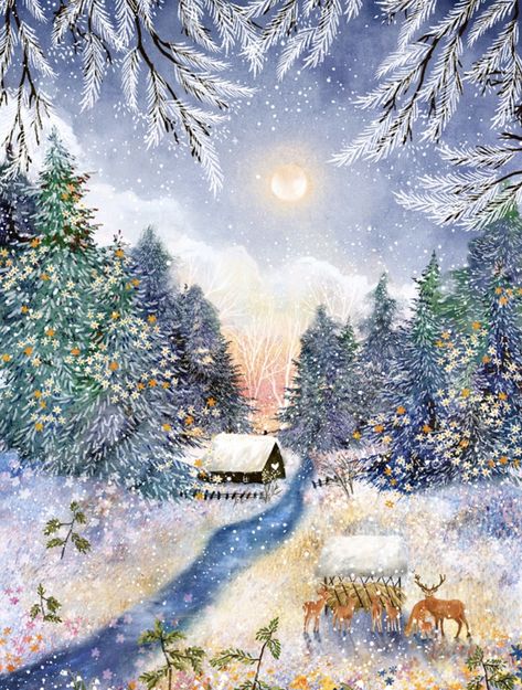 December Moon, Winter Illustration, Free Phone Wallpaper, Moon Illustration, Dreamy Art, Christmas Illustration, Christmas Wallpaper, Whimsical Art, 귀여운 동물