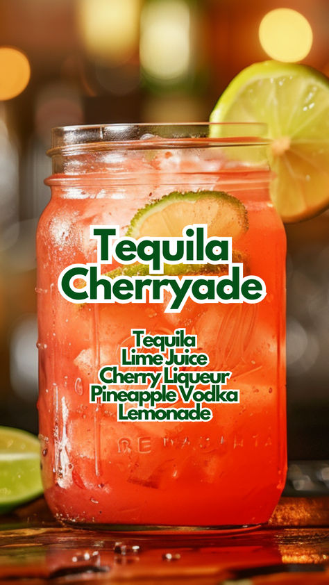 Discover the Tequila Cherryade—a bold, enticing cocktail that blends tequila, cherry, and pineapple with a refreshing lemonade finish. Served in a mason jar, it’s perfect for summer sipping.  #tequilacherryade via @mybartender Mixed Summer Alcohol Drinks, Food For Fitness, Mason Jar Cocktails, Bartender Drinks Recipes, Bartender Drinks, Cocktail Drinks Alcoholic, Lemonade Cocktail, Dress Bar, Mixed Drinks Alcohol