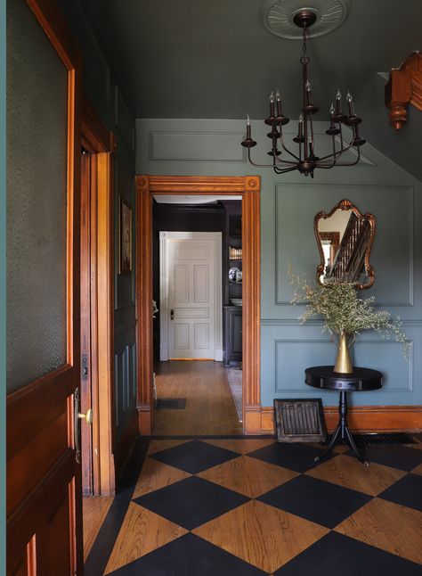 Dark Paint Stairwell, Checkerboard Painted Wood Floors, Victorian Checkered Floor, Painting Checkerboard Floor, Vintage Flooring Ideas, Checkerboard Foyer, Painted Checkerboard Floor, Velaris Townhouse, Painted Wood Trim