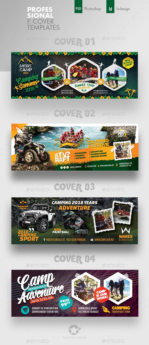 Camping Adventure Cover Bundle Templates PSD, InDesign INDD Templates Facebook, Camping Store, Design Camp, Jungle Adventure, Event Banner, Editing Inspiration, Facebook Timeline Covers, Camping Adventure, Timeline Covers