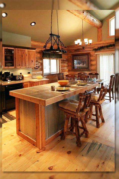 Log Cabin kitchen ideas enchants you with what comes from nature. Imagine a rustic look-alike cabin in the woods on the slope of a mountain. The cabin atmosphere will give you the chance to bring nature inside the room and appreciate a slower pace of life. Log Home Kitchen Cabinets, Small Cabin Kitchens, Homemade Kitchen Island, Log Cabin Kitchens, Log Cabin Kitchen, Log Home Kitchen, Farm Style Kitchen, Log Home Kitchens, Rustic Kitchen Lighting