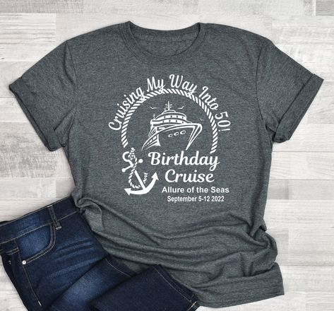 Are you celebrating an Birthday with a cruise? Well if so this shirt would be perfect for those pictures, date night or just to show people you are celebrating. Saying can be altered as needed: Design is made with professional HTV and pressed with a commercial grade heat press. Upon check out please include in the note section -Age -ship name optional -dates optional -Font colors This shirt is custom made just for you: SHIRT DETAILS: Unisex - for men and women Brand: Gildan; Unisex Tee Gildan Un Cruise Shirts Funny, Birthday Cruise Shirt, Spring Break Cruise, Anniversary Cruise, Cruise Ideas, Birthday Cruise, Cruise Party, Family Cruise Shirts, Cruise Shirts