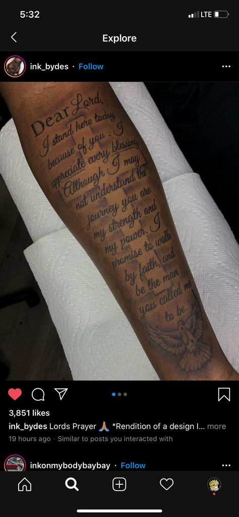 The Lords Prayer Tattoo, Lords Prayer Tattoo, Prayer Tattoo, Lower Leg Tattoos, Tattoo Lettering Design, Lord’s Prayer, The Lords Prayer, Dear Lord, Tattoo Lettering