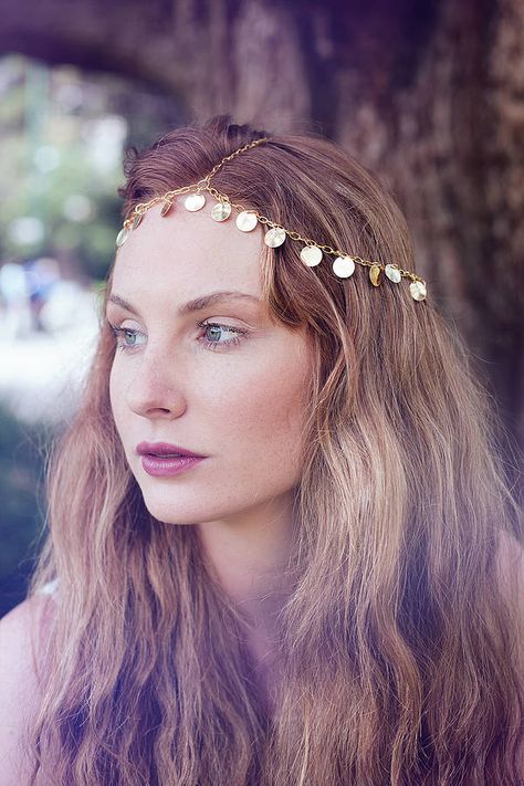 coin head chain by beauxoxo | notonthehighstreet.com Diy Headdress, Chain Headdress, Knitted Headbands, Chain Headpiece, Butterfly Hair Clips, Hair Necklace, Hippie Hair, Hair Chains, Bow Headbands