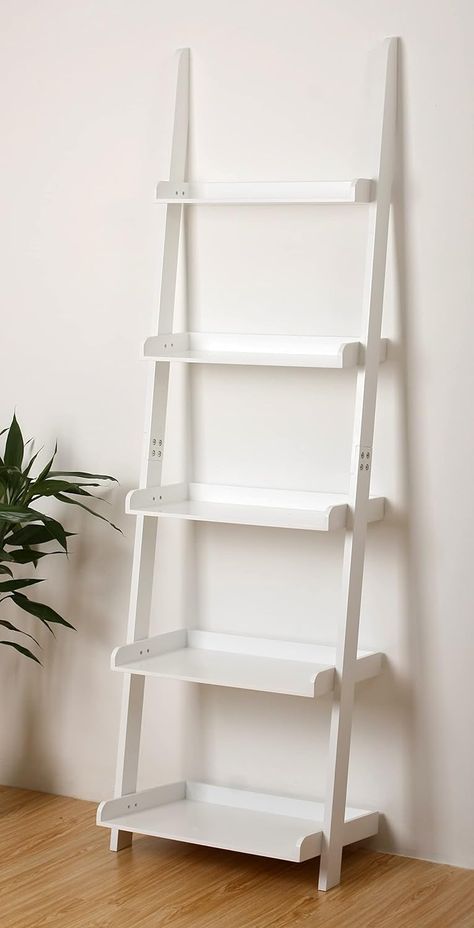 Amazon.com: eHemco 5 Tier Leaning Wall Bookshelf, 70 Inches, White : Home & Kitchen White Ladder Bookshelf, Wall Book Shelf, Leaning Ladder Shelf, Wall Ladder, Ladder Shelves, Wall Bookshelf, White Bookshelves, Ladder Bookshelf, Bookshelf Organization