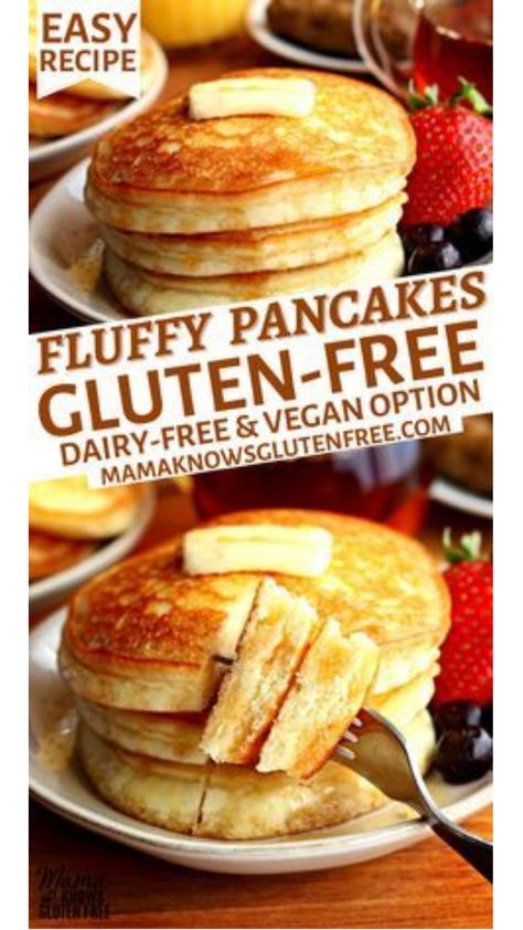 An easy gluten-free pancake recipe with a dairy-free and Vegan option. A gluten-free pancake mix that makes fluffy pancakes every time! Gluten Free Pancake Mix Recipe, Gluten Free Dairy Free Pancakes, Easy Gluten Free Breakfast, Gluten Free Pancake Recipe, Gluten Free Pancakes Easy, Gluten Free Pancake, Best Keto Pancakes, Gluten Free Pancake Mix, Breakfast Bakes