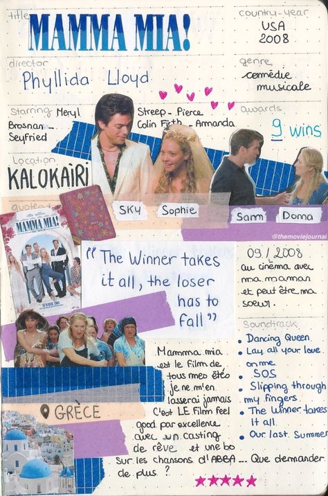 Mamma Mia 2008, Mamma Mia Movie, Aesthetic Cards, 17. Geburtstag, Movie Journal, Movie Collage, Gala Themes, Film Journal, Scrapbook Diary