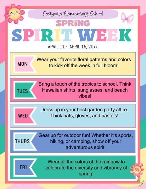 Spirit Days For Preschool, Earth Day Spirit Week, April Spirit Week Ideas, Spring Spirit Week Ideas, Spring Spirit Week, Spirit Week Flyer, School Spirit Ideas Pep Rally, Holiday Spirit Week, Spirit Week Ideas