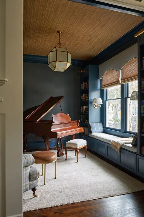 Piano Room Design, Grand Piano Room, Flex Room Ideas, Office Music Room, Winter Decorating Ideas, Piano Lounge, Houston Heights, Moore House, Music Studio Room