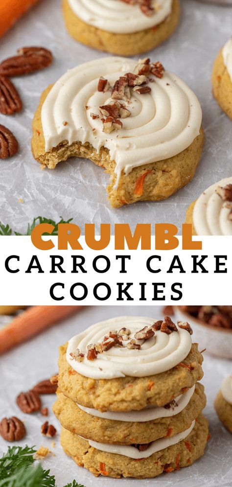 These crumbl carrot cake cookies taste just like a holiday carrot cake slice. They are perfectly spiced then topped with homemace cream cheese frosting. Carrot Cake Cookies Recipe, Crumble Cookie Recipe, Carrot Cookies, Carrot Cake Cookies, Cake Mug, Cookie Cake Recipe, Gourmet Cookies, Copycat Recipe, Backyard Bbq