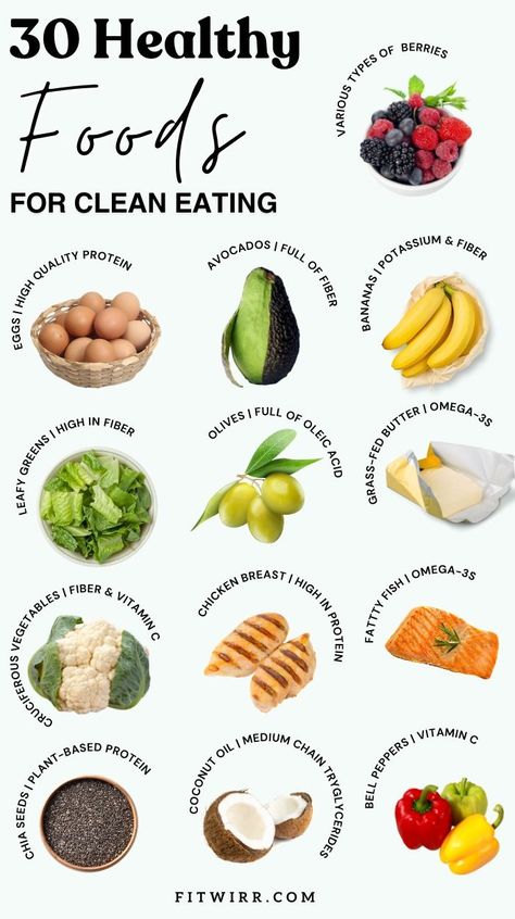 Want to practice clean eating but not sure where to start? Eat these 30 healthy, nutritious foods daily as part of a balanced diet. This list of the best clean-eating foods includes fresh produce, whole grains, plant-based protein, healthy fats, and dairy. Get meal ideas and tips for eating spinach, blueberries, sweet potatoes, salmon, grains, beans, eggs, yogurt, and more clean foods every day! Foods That Should Be Eaten Together, Clean Eating Foods List, Tips For Eating Less, Clean Foods List, Healthiest Foods To Eat Daily, How To Eat Clean, Healthy Whole Food Meals, List Of Whole Foods, Whole Food Recipes Eating Clean