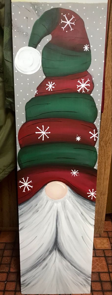 Board Painting Ideas Christmas, Gnomes Crafts Painting, Gnomes Painted, Painted Christmas Porch Signs, Christmas Gnome Painting Ideas, How To Paint Gnomes, Canvas Christmas Painting Ideas, Painted Christmas Gnomes, Wood Painting Christmas