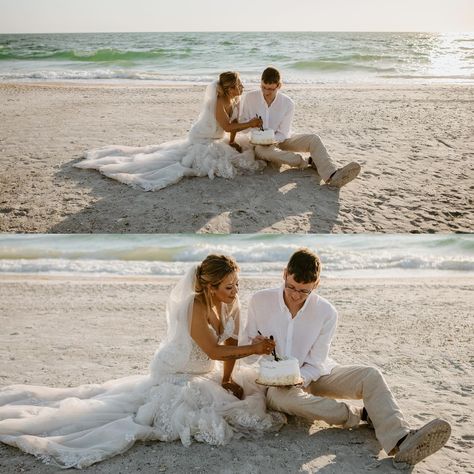 Cathrease + Josh’s intimate elopement in St. Pete was so sweet and emotional - so what better way to top off their “I Do’s” than by eating cake on the beach!? 🎂💍🏝️ I think this is what you would call “having your cake and eating it too”?! 🌞✨ p.s. I feel like I picked the best song for this post 👀 Photography: @rightupyouralliephoto Dress: @ourshopbridal Cake: @publix Florals: @sharensflowers Beach Setup + Officiant: @your_florida_beach_wedding [Florida beach wedding, beach elopement, ... Beach Vow Renewal Photo Ideas, Wedding Cake Elopement, Beach Elopement Ceremony, Beach Setup, Beach Elopement Ideas, Wedding Vow Renewal Ceremony, Renewal Ceremony, Dream Beach Wedding, Wedding Florida