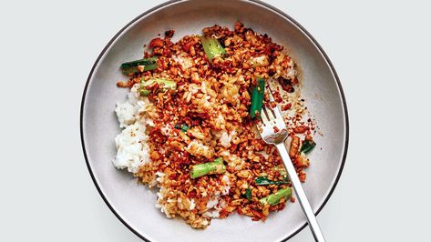 Soy and Scallion Tofu Bowl Recipe | Bon Appétit Grated Tofu, Tofu Bowl, Pho Broth, Meat Seasoning, Filling Lunch, Tofu Dishes, Lunch Bowl, Cooking White Rice, Extra Firm Tofu