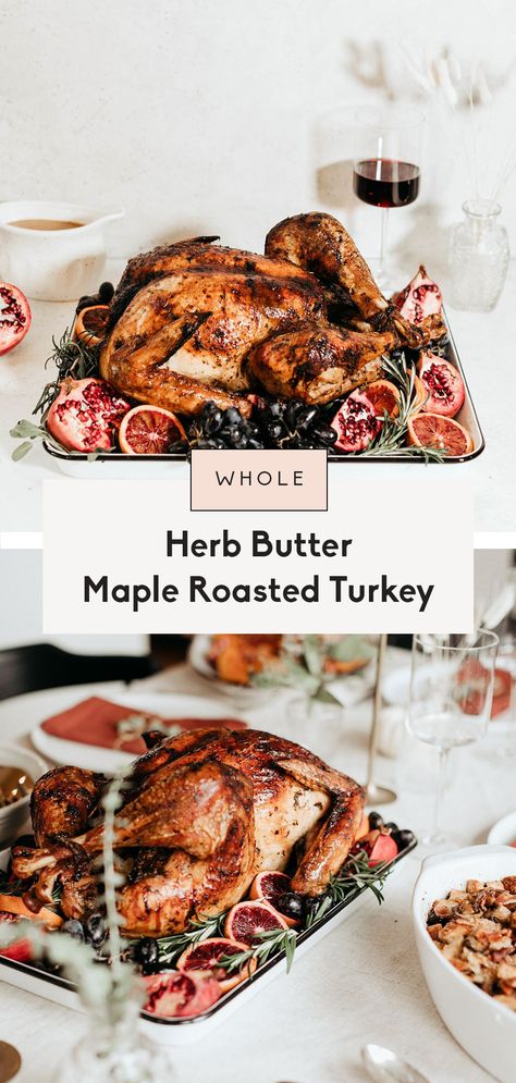 Incredible maple roasted turkey made with a savory herb butter and plenty of sweet pure maple syrup flavor. This whole turkey recipe is perfect for your Thanksgiving table and easy to make thanks to this step-by-step guide on how to cook a turkey! Easy Turkey Brine, Turkey Brine Recipe, Whole Turkey Recipes, Cook A Turkey, Turkey Brine Recipes, Roast Turkey Recipes, Brine Recipe, Ambitious Kitchen, Savory Herb