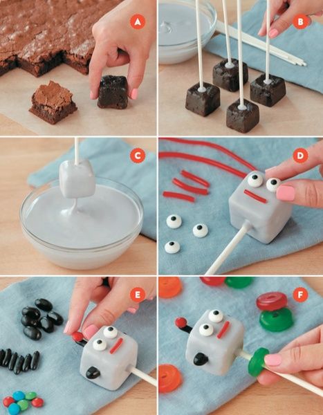 How to Make Robot Brownie Pops with a Recipe from YouTube Star Nerdy Nummies Robot Birthday Food Ideas, Robot Themed Food, Robot Food Ideas, Robotics Cake Ideas, Robot Birthday Ideas, Robot Snack Ideas, Robot Cake Pops, Robot Rice Krispie Treats, Diy Robot Cake