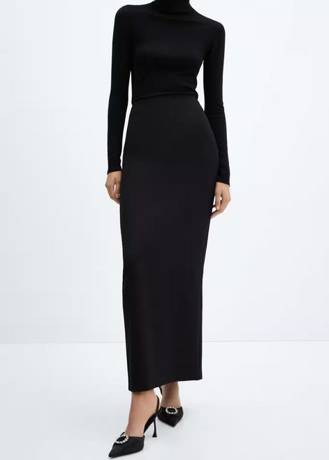 Straight long skirt - Woman | Mango Georgia Straight Long Skirt, Maxi Leather Skirt, Long Fitted Skirt, Long A Line Skirt, Skirt Images, Silk Maxi Skirt, Maxi Skirt Outfits, Houndstooth Skirt, Mock Neck Long Sleeve