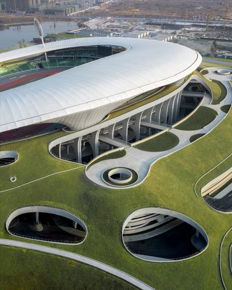 Much of the building is located underground. Lucas Museum, Mad Design, Grass Roof, Mad Architects, Earth Sheltered, Gym Art, Sport Park, Youth Center, Chinese Architecture