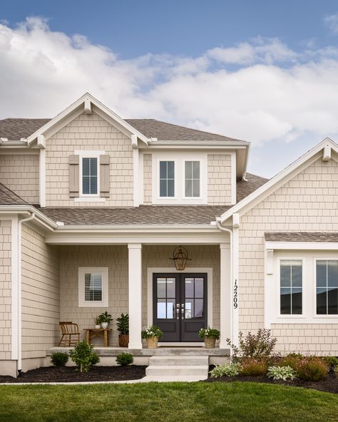 Taupe Shake shinges on exterior with white trim South Carolina Style, New Traditional Interior Design, Shaker Siding, Shake Shingle, Overland Park Kansas, Shingle Exterior, Double Front Doors, Cedar Siding, Traditional Interior Design