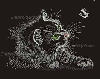 Black Cat And Butterfly, Black Cat Embroidery, Cat Applique Designs, Cat And Butterfly, Towel Embroidery Designs, Butterfly Outline, Cat Embroidery Design, Cat Machines, Cat Applique