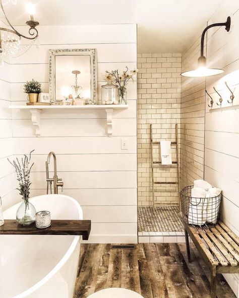 Bathroom Closet Organization Ideas, Grey Marble Bathroom, Happy Monday Morning, Doorless Shower, Bathroom Closet Organization, Shiplap Bathroom, Closet Organization Ideas, Window In Shower, Farmhouse Shower