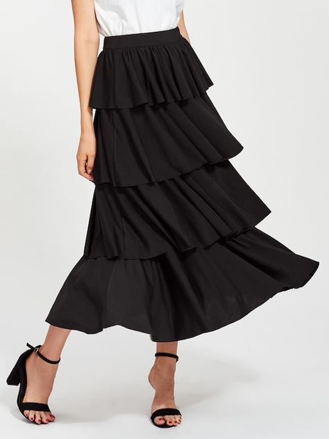 Zip Closure Layered Ruffle Skirt -SheIn(Sheinside) Ruffle Skirt Outfit Winter, Long Ruffle Skirt Outfit, Black Maxi Skirt Outfit, Long Ruffle Skirt, Ruffle Skirt Outfit, Circle Skirt Outfits, Midi Circle Skirt, Layered Ruffle Skirt, Ruffle Maxi Skirt