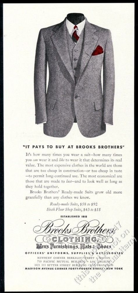 1938 Mens Fashion, Brooks Brothers Rug, Brooks Brothers Men Outfit, Brooks Brothers Vintage Ad, Brooks Brothers Menswear, Three Piece Suit, Brooks Brothers, Print Ads, Vintage Prints