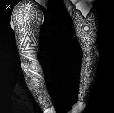 Valknut Tattoo, Mens Full Sleeve Tattoo, Celtic Sleeve Tattoos, Viking Tattoo Sleeve, Full Sleeve Tattoo Design, Celtic Tattoo, Norse Tattoo, Nordic Tattoo, Cat Tattoos