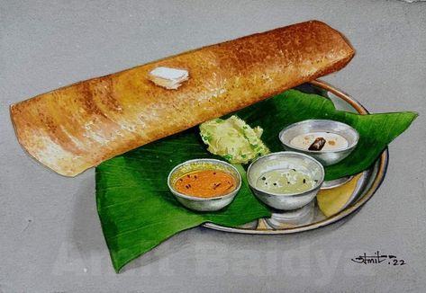 South Indian Food Drawing, Dosa Painting, Dosa Illustration, Dosa Drawing, Indian Food Art Painting, Indian Food Drawing, Society Drawing, Food Art Painting, Watercolor Paintings Nature