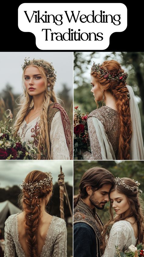 Traditional Viking wedding attire, bridal crown, medieval-inspired Viking wedding dress, and Norse wedding ceremony elements. Traditional Viking Wedding Dress, Wedding Dresses Viking Style, Viking Bride Wedding Dress, Viking Wedding Attire, Traditional Viking Wedding, Nordic Wedding Dress, Viking Wedding Hairstyles, Viking Wedding Traditions, Viking Wedding Hair