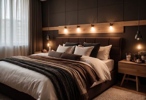 What Color Bedding Goes with Dark Brown Furniture: Ideal Hue Combinations 11 Black Brown Bedding, Dark Brown Bed Frame, Gray And Brown Bedroom Ideas, Dark Brown Bedroom Walls, Dark Wood Headboard Bedroom, Black And Brown Bedroom, Chocolate Brown Bedrooms, Brown Bedroom Walls, Brown Bedrooms