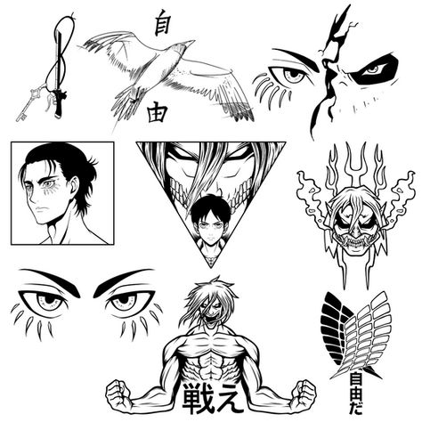 Anime Patch Work Tattoos, Anime Tattoos Subtle, Small Bleach Tattoo, Subtle Attack On Titan Tattoo, Anime Flash Tattoo Designs, Small Attack On Titan Tattoo, Anime Stencil Tattoo, Attack Titan Tattoo, Small Tattoos Anime