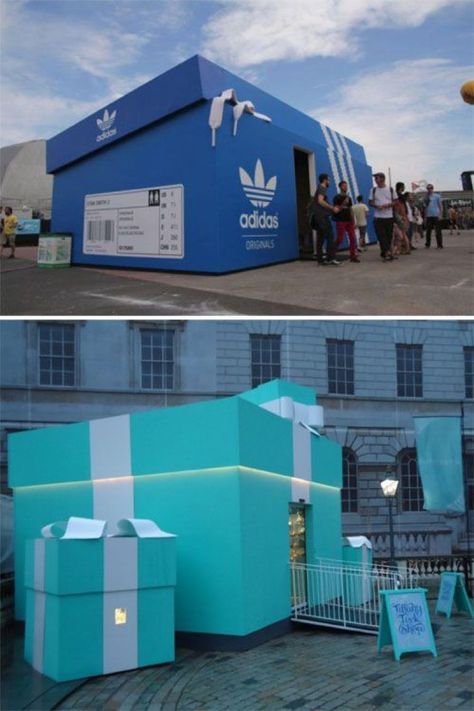 Clever marketing - oversized Tiffany and ADIDAS boxes are used as a pop up shop Space Branding, Guerrilla Marketing, Temporary Structures, Publicidad Creativa, Experiential Marketing, Street Marketing, Media Screen, Guerilla Marketing, Installation Design