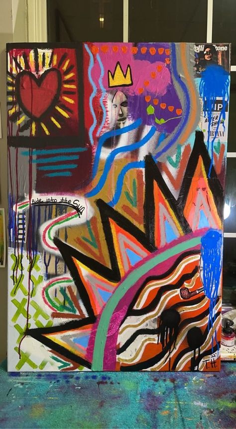 Cool Drawings On Canvas, Abstract Large Canvas Painting, Crazy Canvas Art, Abstract Art Face Painting, Neon Mixed Media Art, Big Painting Inspiration, Easy Weird Paintings, Abstract Art Painting Inspiration, Canvas Graffiti Art