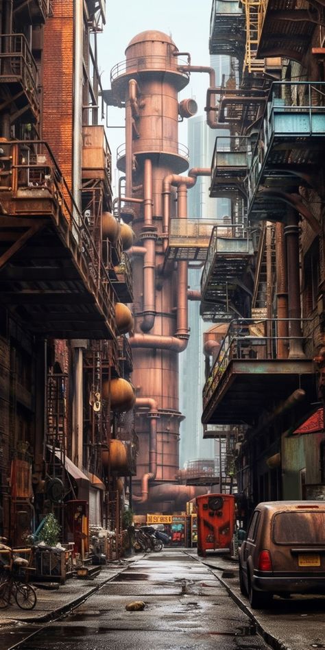 Futuristic Industrial City, Sci Fi Industrial City, Junk Town Concept Art, Industrial City Concept Art, Diesel Punk City, Industrial Dystopia, Cyberpunk Factory, Biopunk City, Steam Punk City