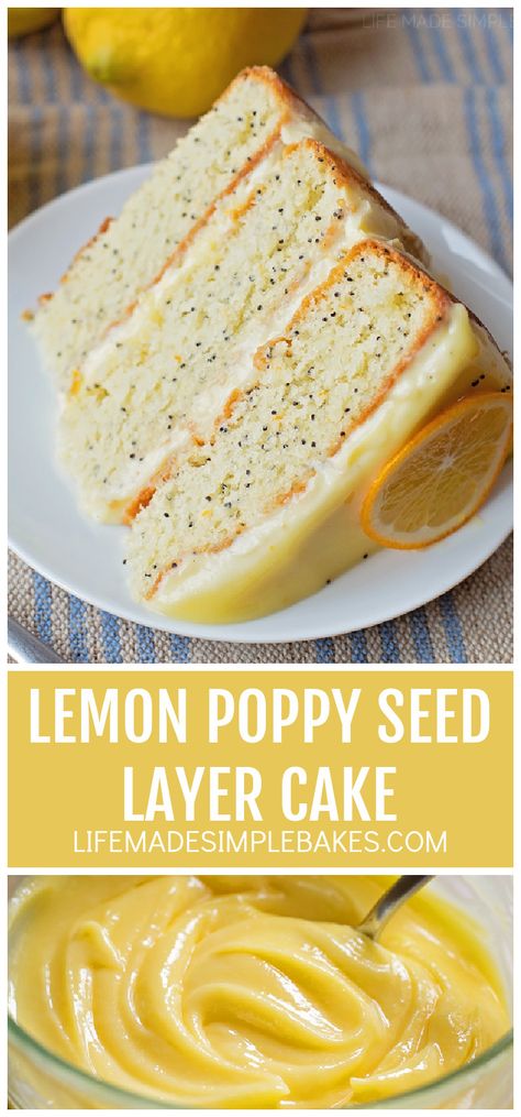 This luscious, lemon poppy seed layer cake is filled with sweet lemon curd and a delicious pastry cream. You'll be whipping this up all spring long! #lemonpoppyseedlayercake #layercake #lemonpoppyseed #lemoncurd #lemondessert Lemon Poppyseed Layer Cake, Lemon And Poppy Seed Cake, Speciality Cakes, Lemon Poppy Seed Cake, Poppyseed Cake, Fruity Dessert, Poppy Cake, Pie Easy, Lemon Poppyseed Cake