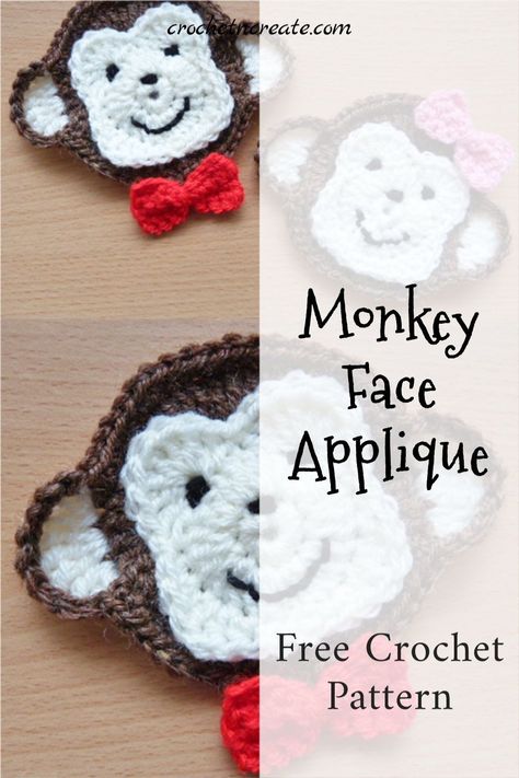 Crochet Monkey Applique, Monkey Applique Pattern Free, Teddy Bear Applique, Football Crochet, Face Applique, Bear Applique, Crochet Applique Patterns Free, Crochet Monkey, Granny Square Crochet Patterns Free