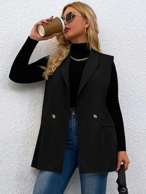 Black Sleeveless Blazer Outfit Winter, Blazer No Sleeves Outfit, Black Blazer Vest Outfits For Women, No Sleeve Blazer Outfit, Black Sleeveless Vest Outfit, Black Blazer Vest Outfit, Plus Size Vest Outfits, Black Sleeveless Blazer Outfit, Gilet Outfits